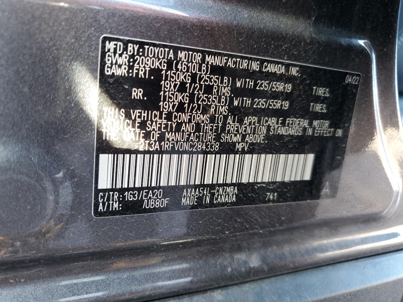 2022 TOYOTA RAV4 XLE PREMIUM VIN:2T3A1RFV0NC284338