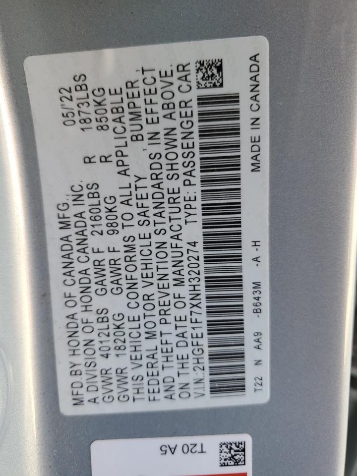 2022 HONDA CIVIC EX VIN:2HGFE1F7XNH320274