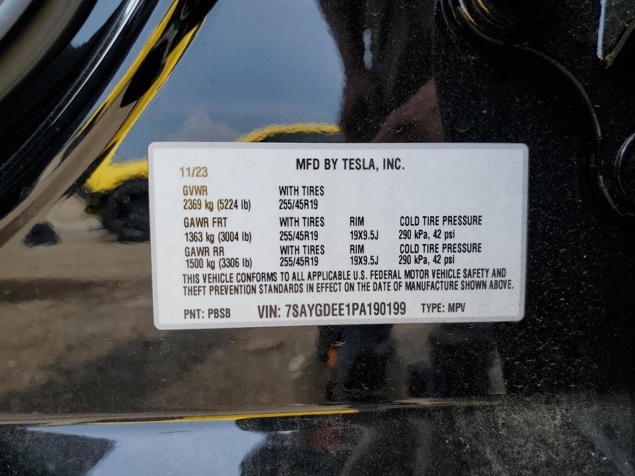 2023 TESLA MODEL Y VIN:7SAYGDEE1PA190199