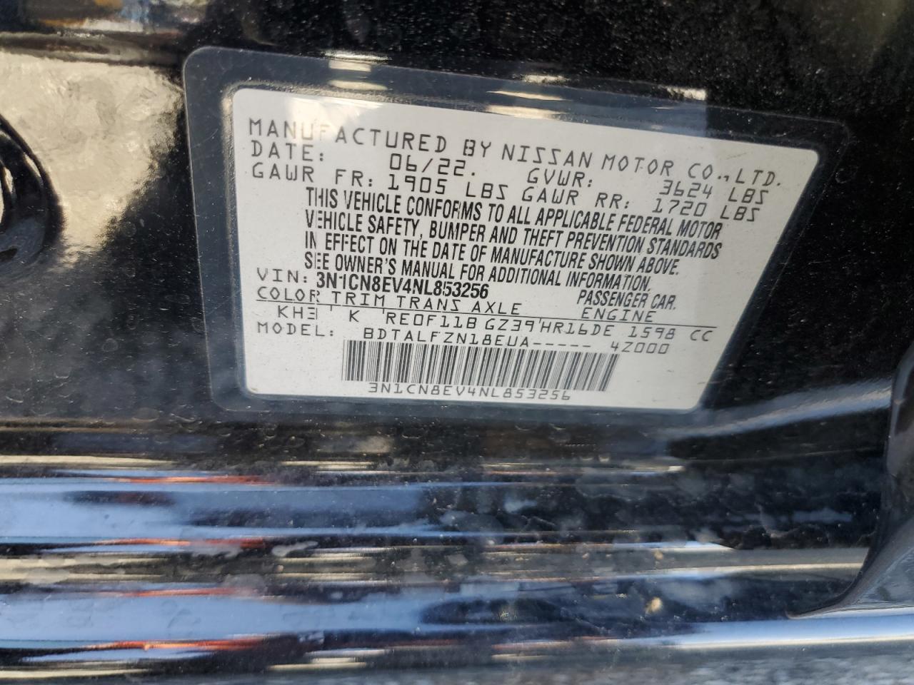 2022 NISSAN VERSA SV VIN:3N1CN8EV4NL853256