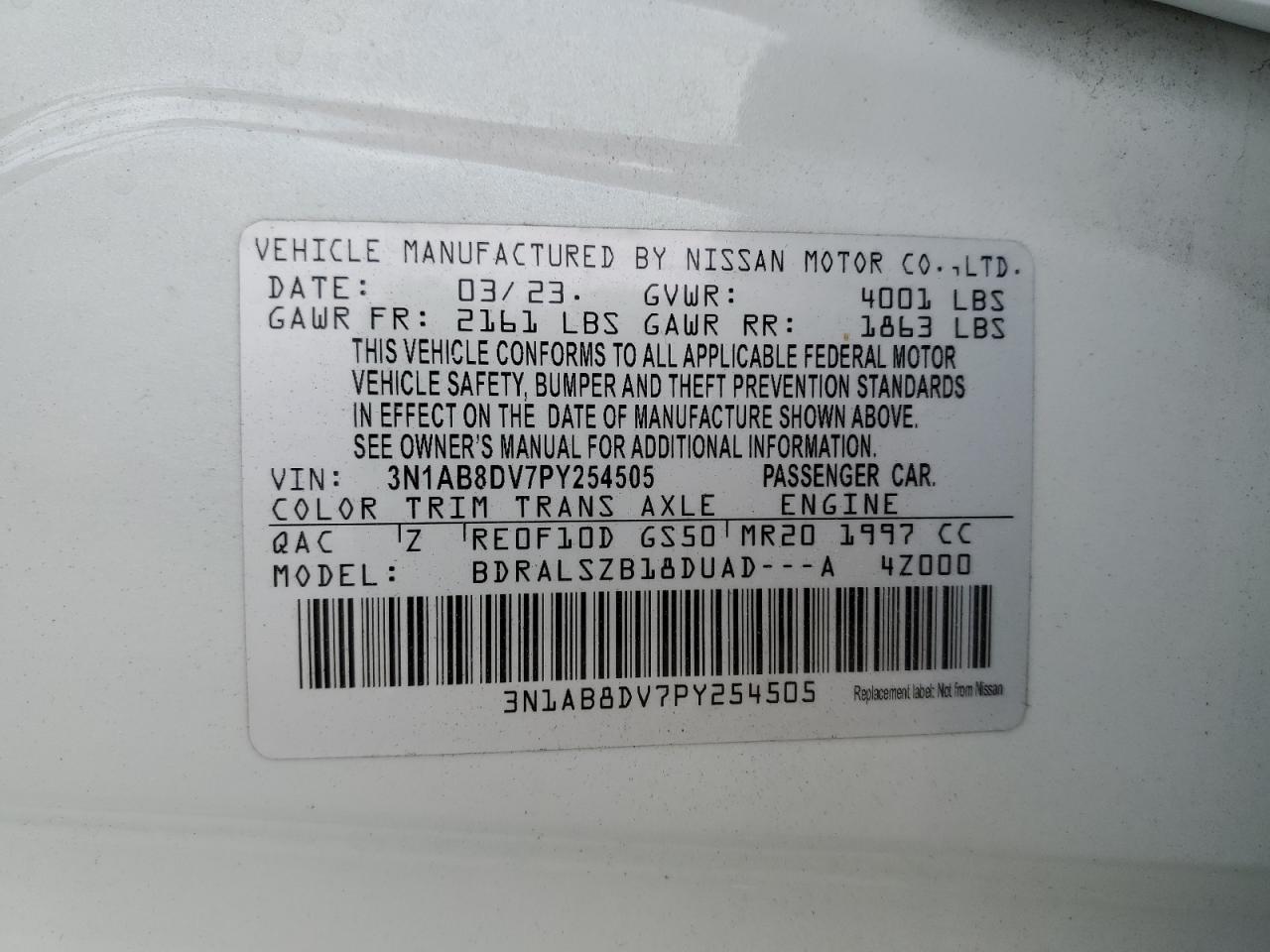 2023 NISSAN SENTRA SR VIN:3N1AB8DV7PY254505