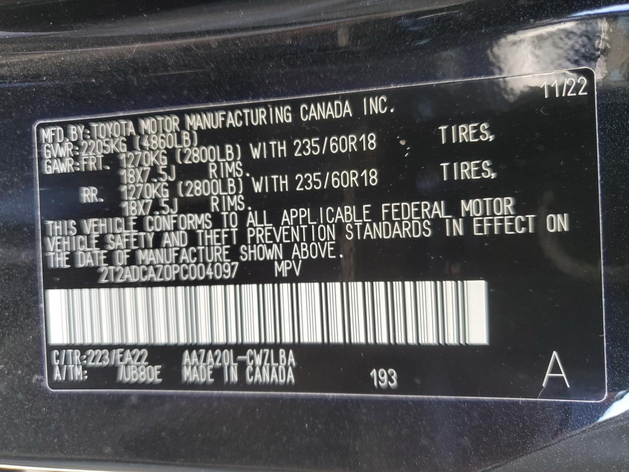 2023 LEXUS NX 250 VIN:2T2ADCAZ0PC004097