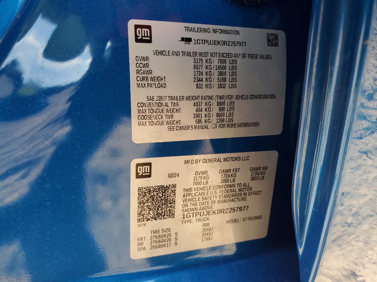 2024 GMC SIERRA K1500 ELEVATION-L VIN:1GTPUJEK0RZ257977