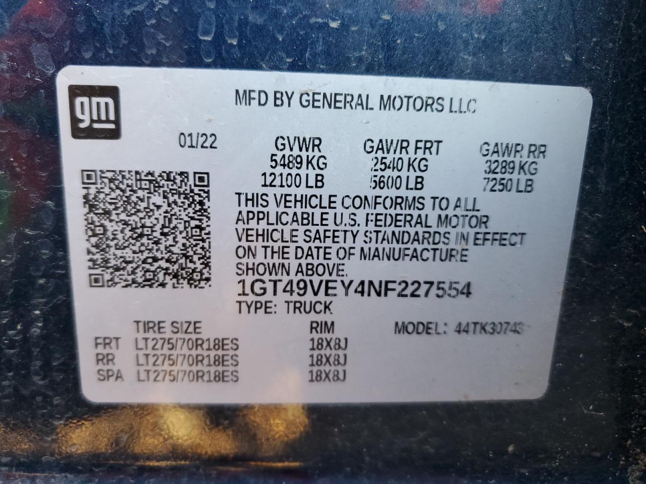 2022 GMC SIERRA K3500 AT4 VIN:1GT49VEY4NF227554
