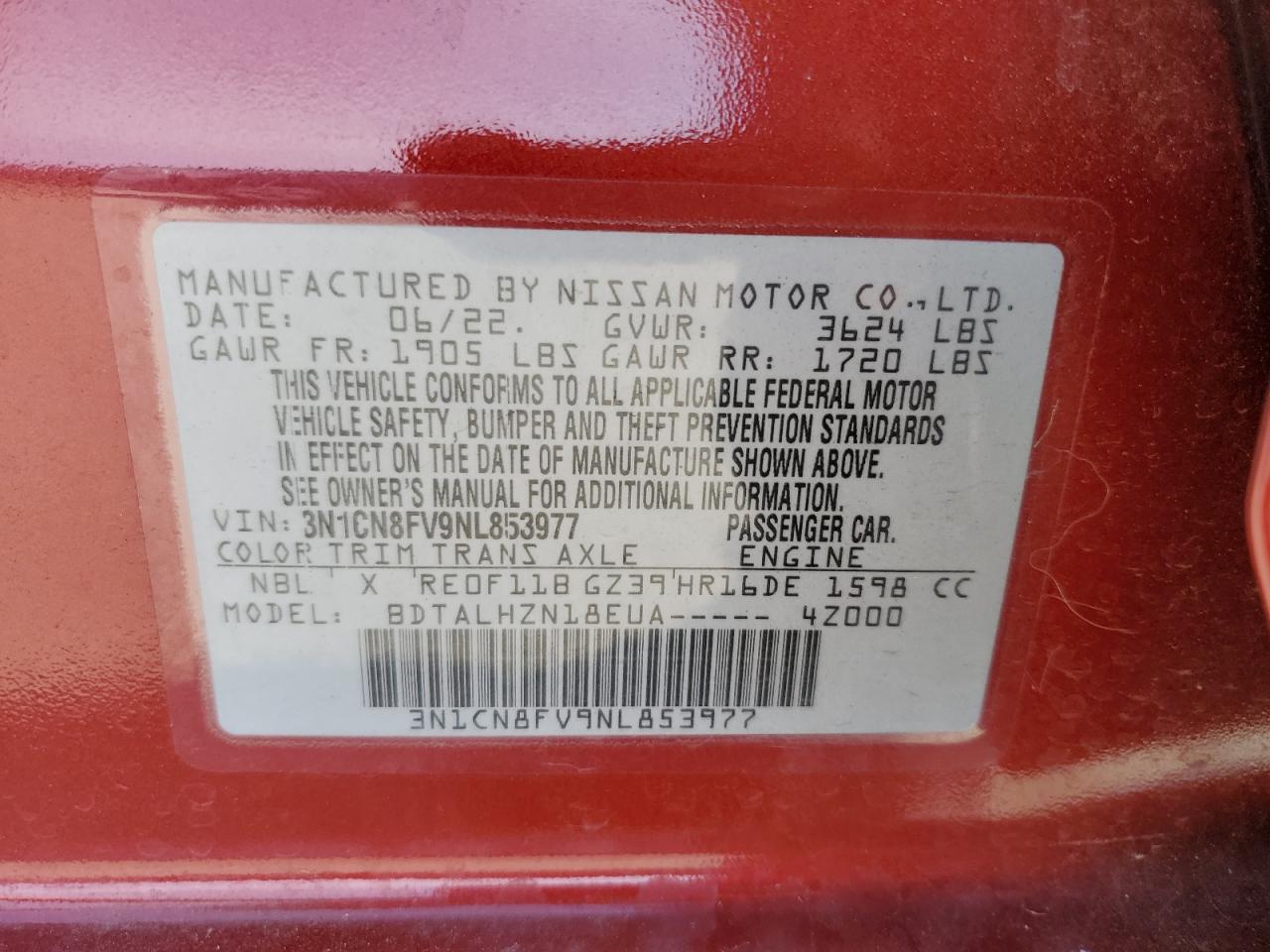 2022 NISSAN VERSA SR VIN:3N1CN8FV9NL853977