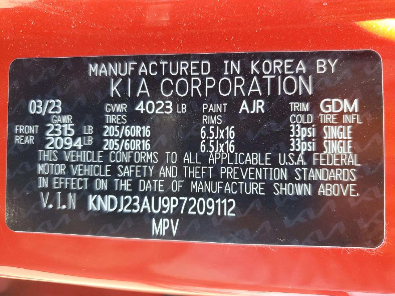 2023 KIA SOUL LX VIN:KNDJ23AU9P7209112