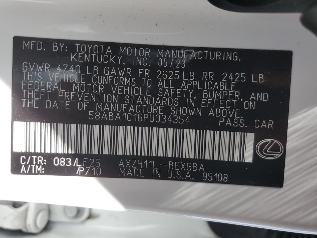 2023 LEXUS ES 300H F SPORT HANDLING VIN:58ABA1C16PU034354