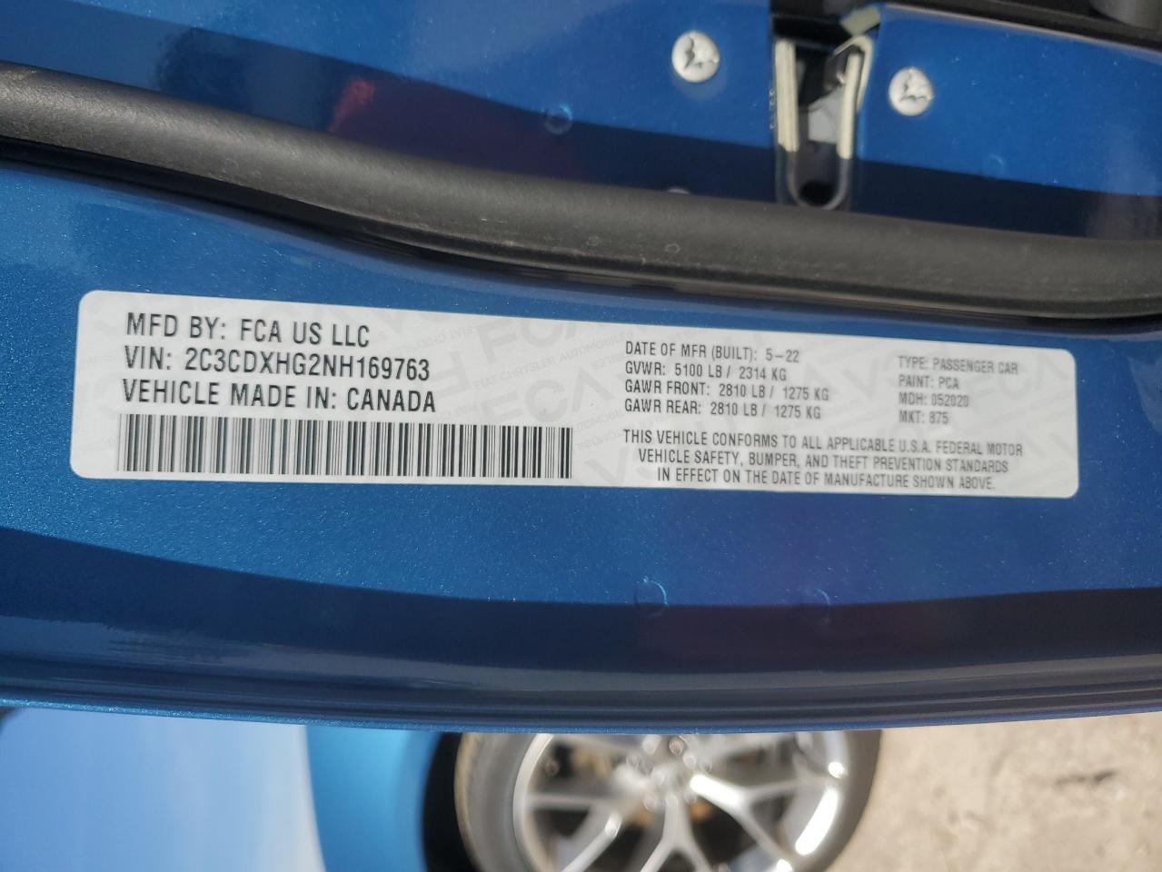 2022 DODGE CHARGER GT VIN:2C3CDXHG2NH169763