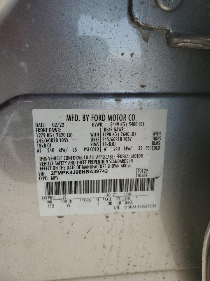 2022 FORD EDGE SEL VIN:2FMPK4J98NBA39742