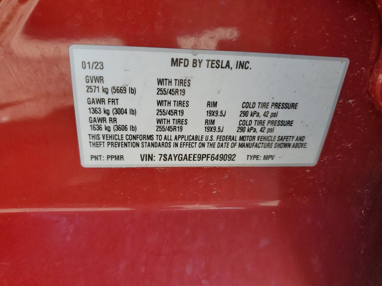 2023 TESLA MODEL Y VIN:7SAYGAEE9PF649092