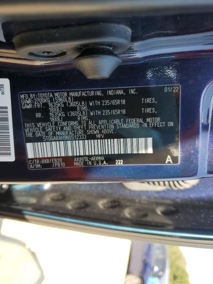 2022 TOYOTA HIGHLANDER HYBRID XLE VIN:5TDGARAH9NS512333