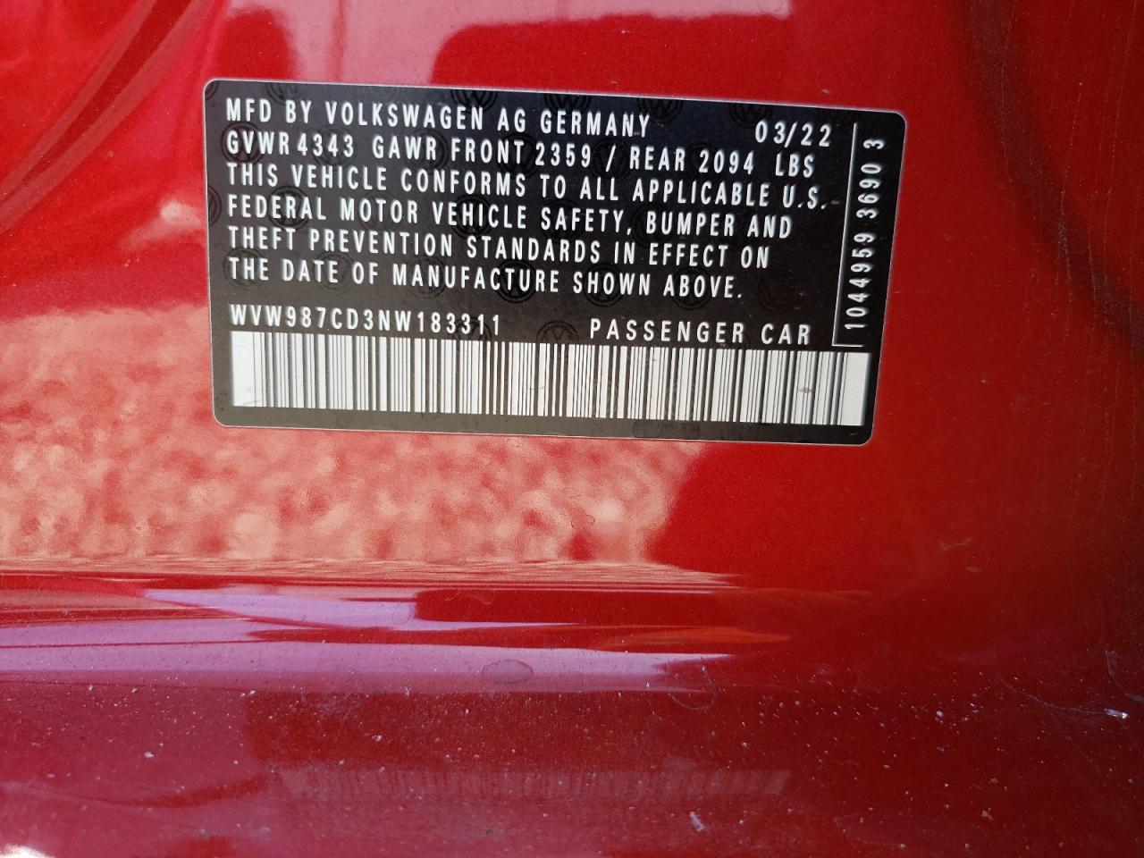 2022 VOLKSWAGEN GTI SE VIN:WVW987CD3NW183311