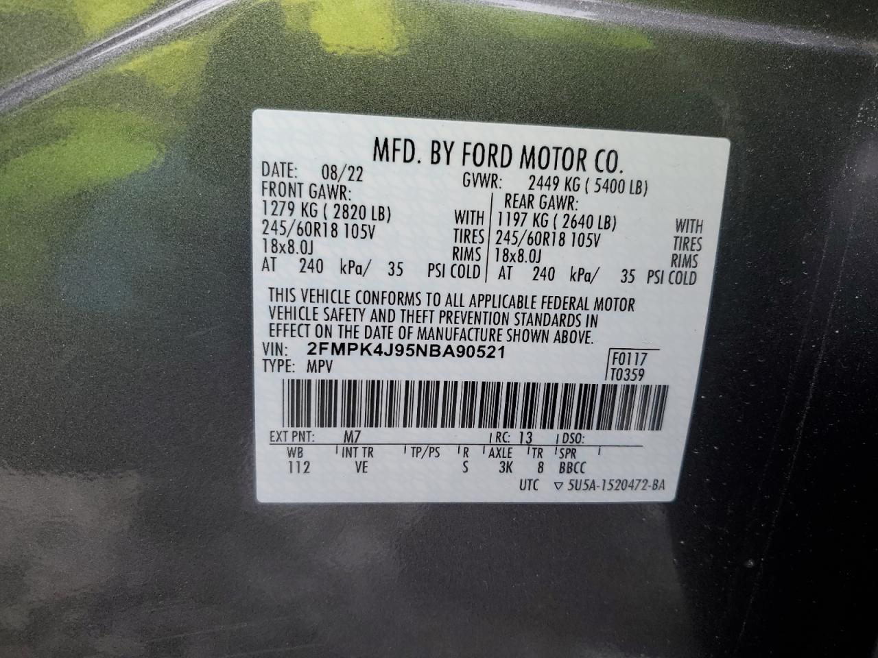 2022 FORD EDGE SEL VIN:2FMPK4J95NBA90521