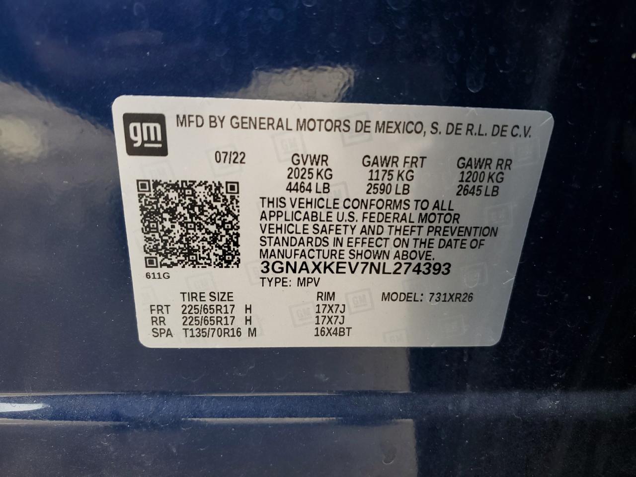 2022 CHEVROLET EQUINOX LT VIN:3GNAXKEV7NL274393