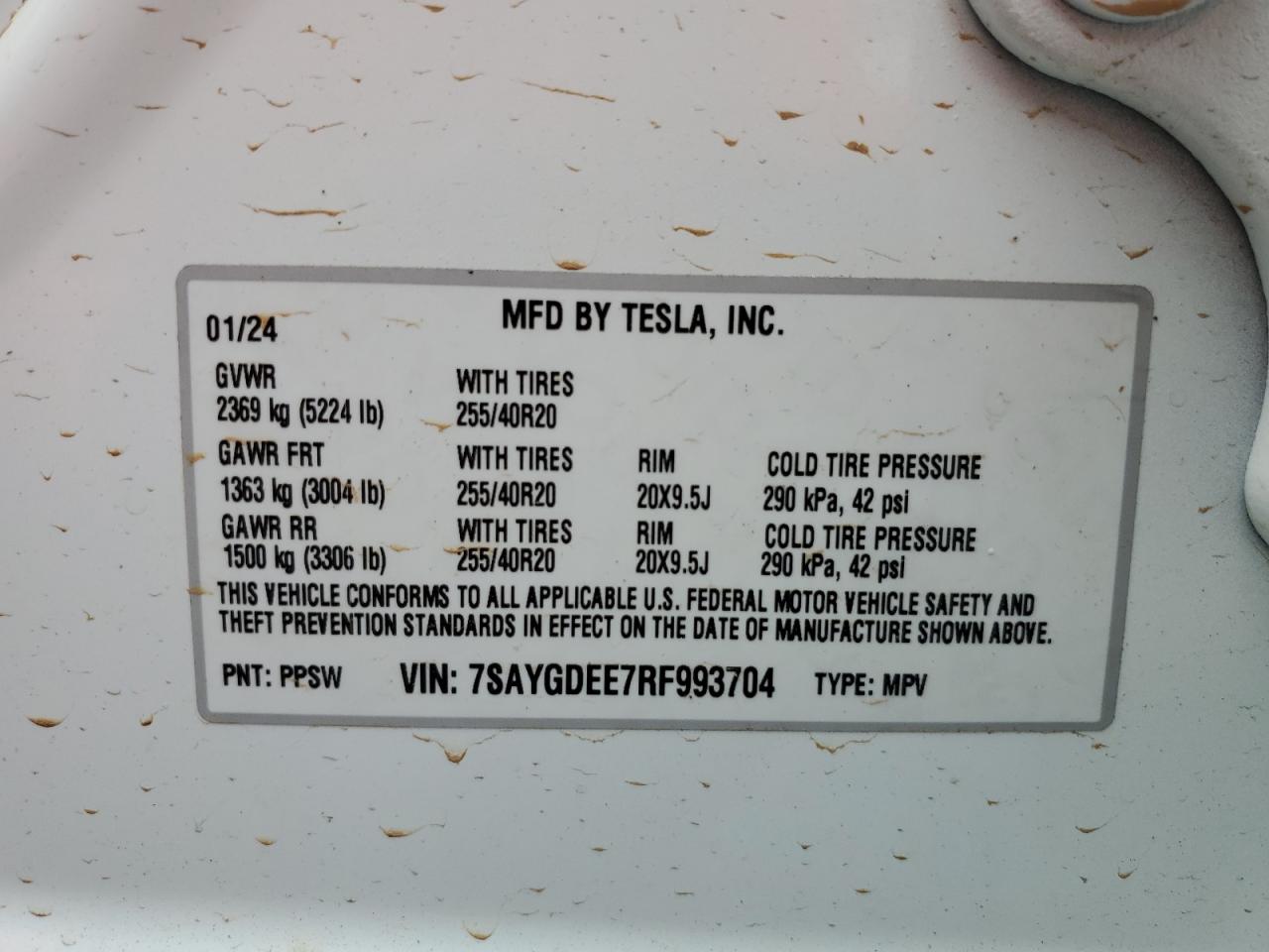 2024 TESLA MODEL Y VIN:7SAYGDEE7RF993704