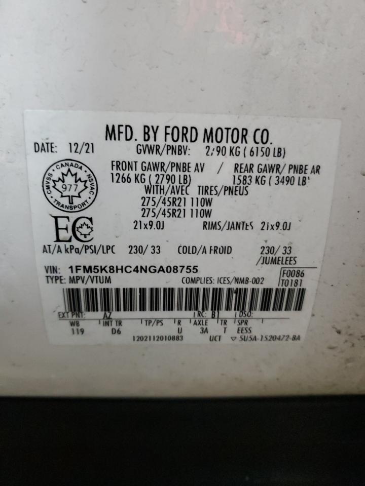 2022 FORD EXPLORER PLATINUM VIN:1FM5K8HC4NGA08755