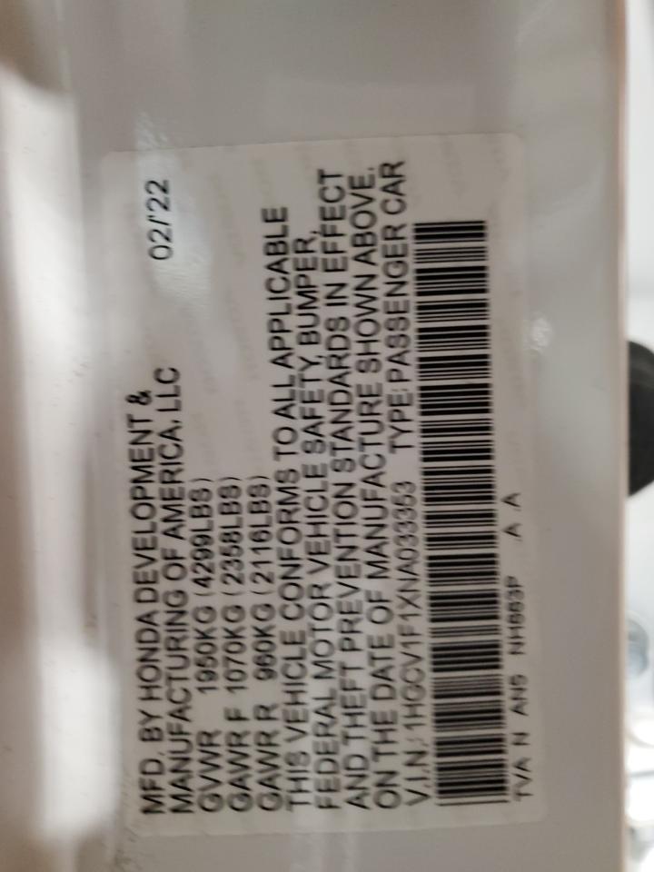 2022 HONDA ACCORD LX VIN:1HGCV1F1XNA033353