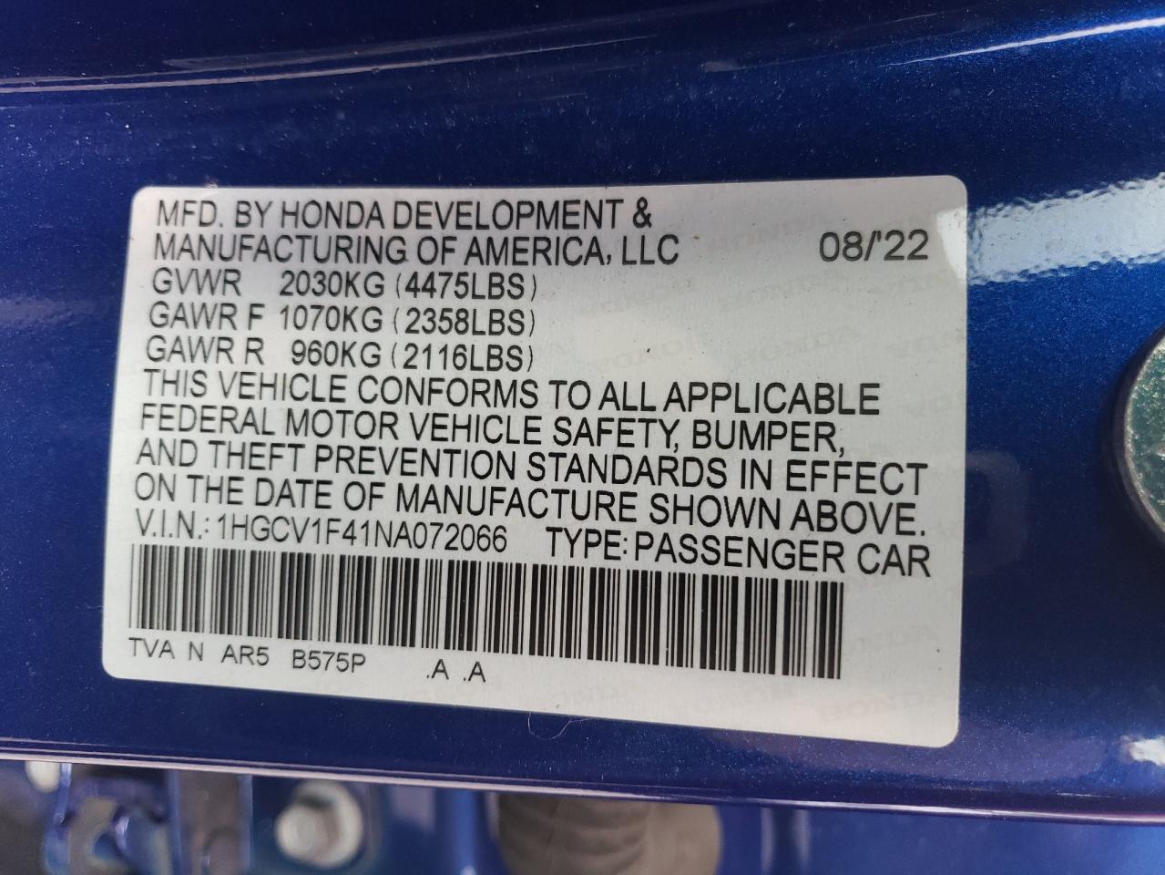 2022 HONDA ACCORD SPORT SE VIN:1HGCV1F41NA072066