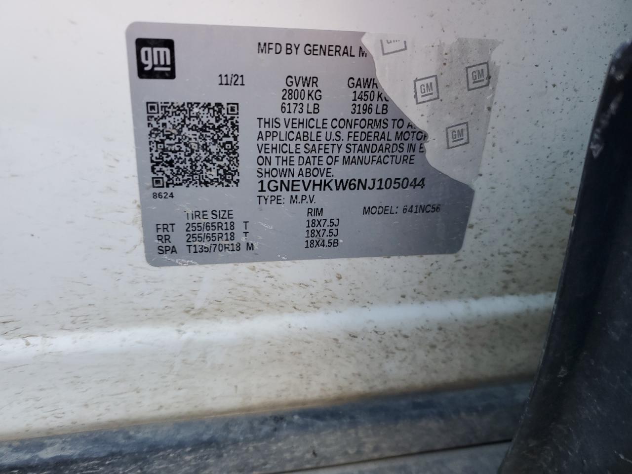 2022 CHEVROLET TRAVERSE LT VIN:1GNEVHKW6NJ105044