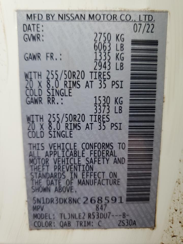 2022 NISSAN PATHFINDER PLATINUM VIN:5N1DR3DK8NC268591