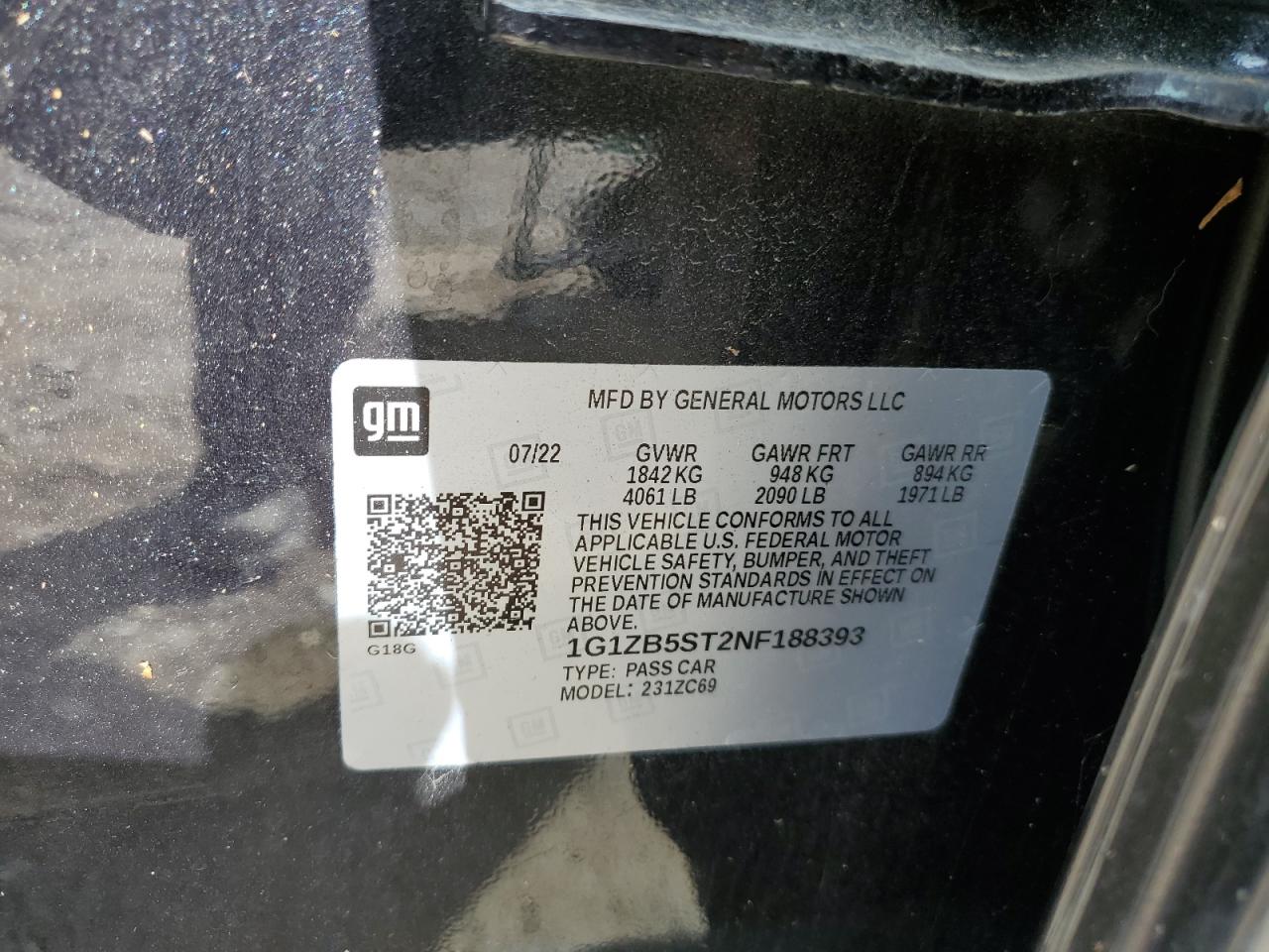 2022 CHEVROLET MALIBU LS VIN:1G1ZB5ST2NF188393