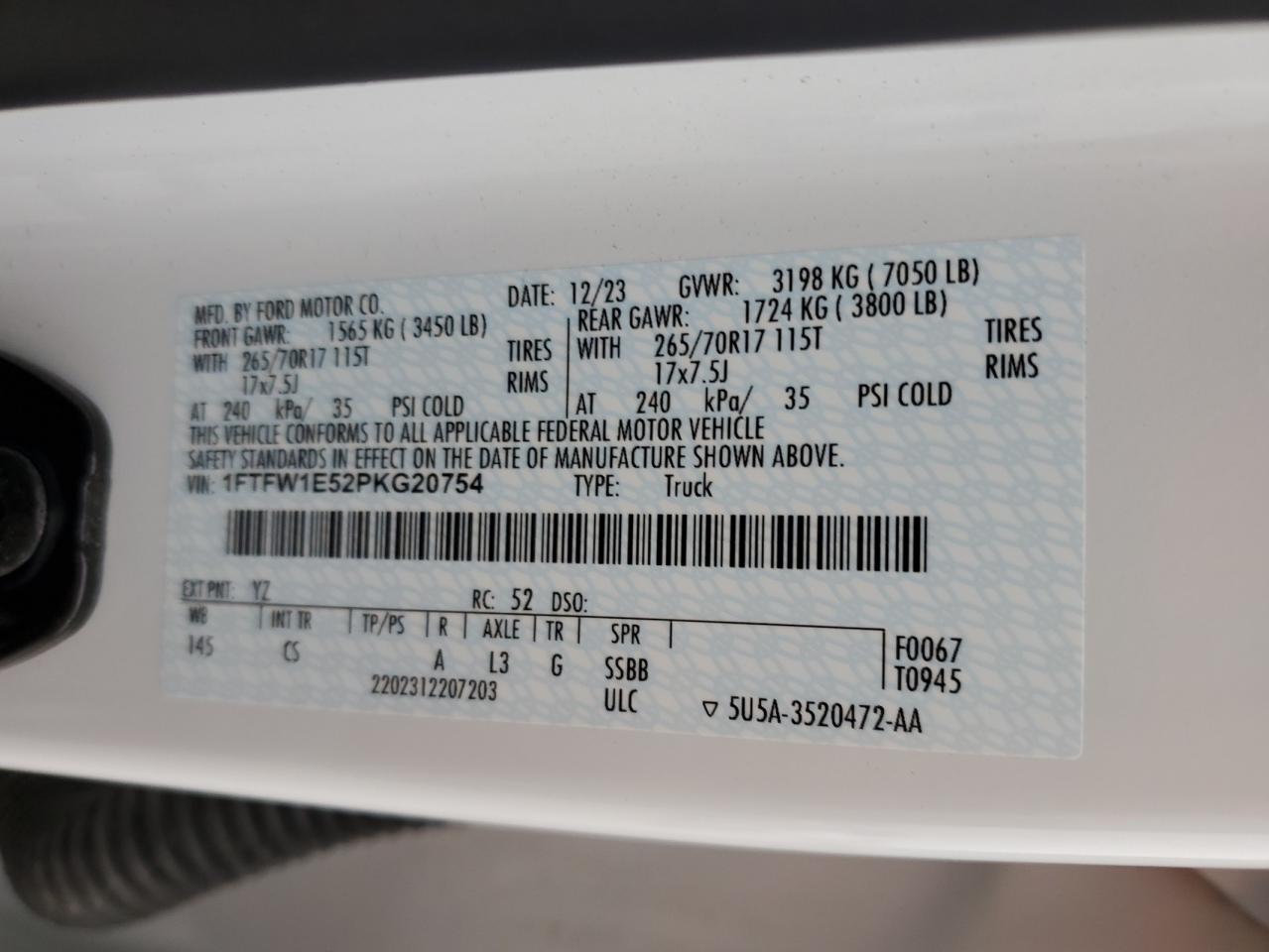 2023 FORD F150 SUPERCREW VIN:1FTFW1E52PKG20754