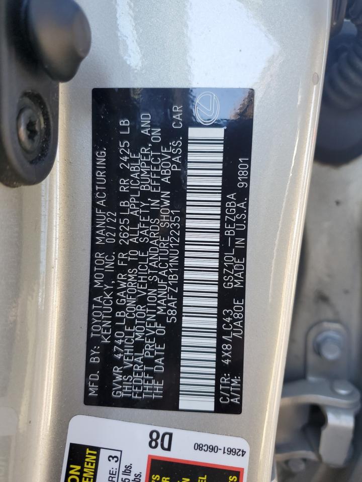 2022 LEXUS ES 350 BASE VIN:58AFZ1B11NU122351