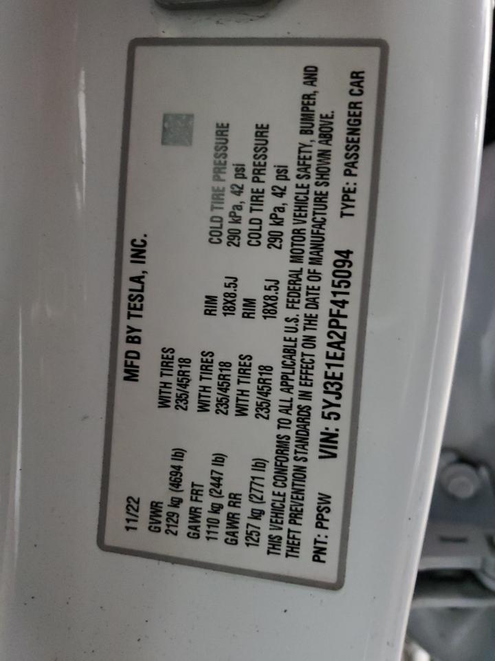 2023 TESLA MODEL 3 VIN:5YJ3E1EA2PF415094