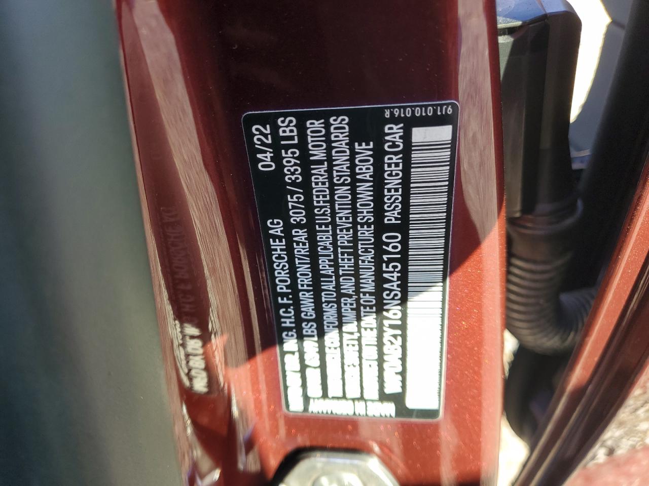 2022 PORSCHE TAYCAN 4S VIN:WP0AB2Y16NSA45160