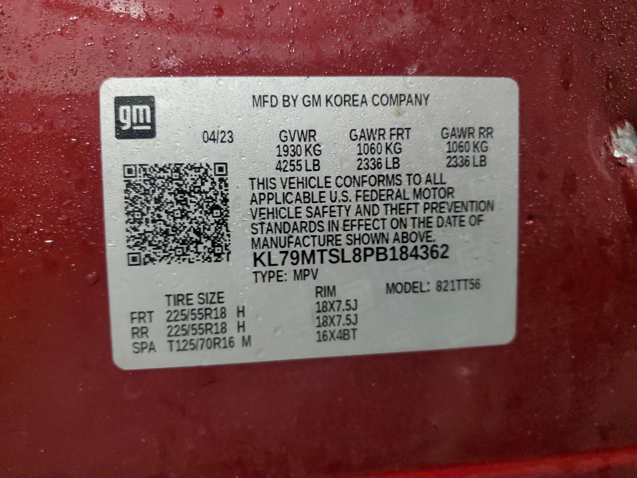 2023 CHEVROLET TRAILBLAZER RS VIN:KL79MTSL8PB184362