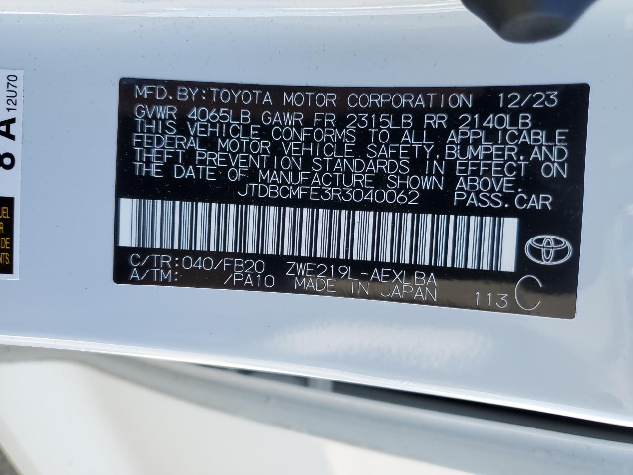 2024 TOYOTA COROLLA LE VIN:JTDBCMFE3R3040062