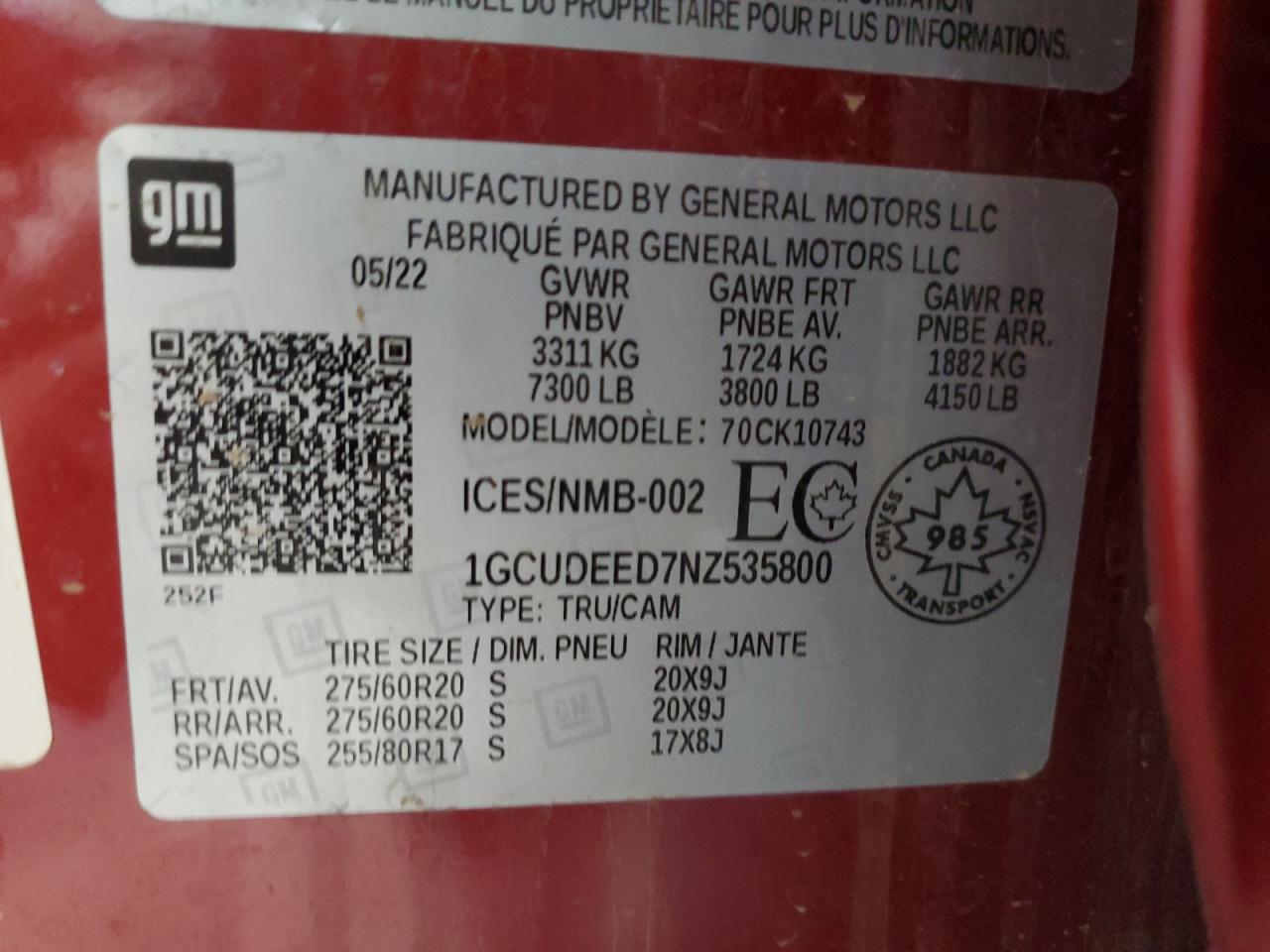 2022 CHEVROLET SILVERADO K1500 RST VIN:1GCUDEED7NZ535800