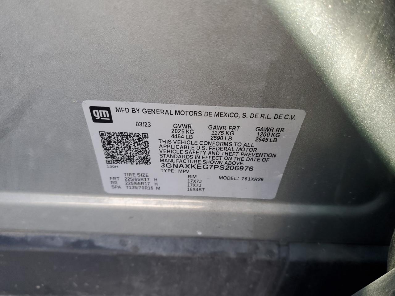 2023 CHEVROLET EQUINOX LT VIN:3GNAXKEG7PS206976