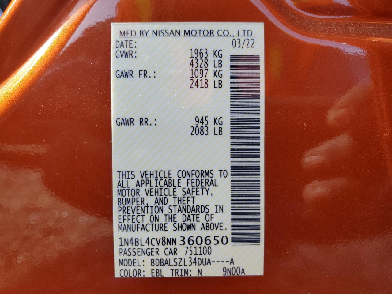 2022 NISSAN ALTIMA SR VIN:1N4BL4CV8NN360650