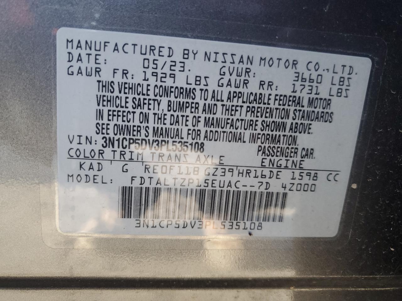 2023 NISSAN KICKS SR VIN:3N1CP5DV3PL535108