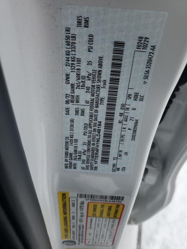 2022 FORD RANGER XL VIN:1FTER4FH1NLD48184