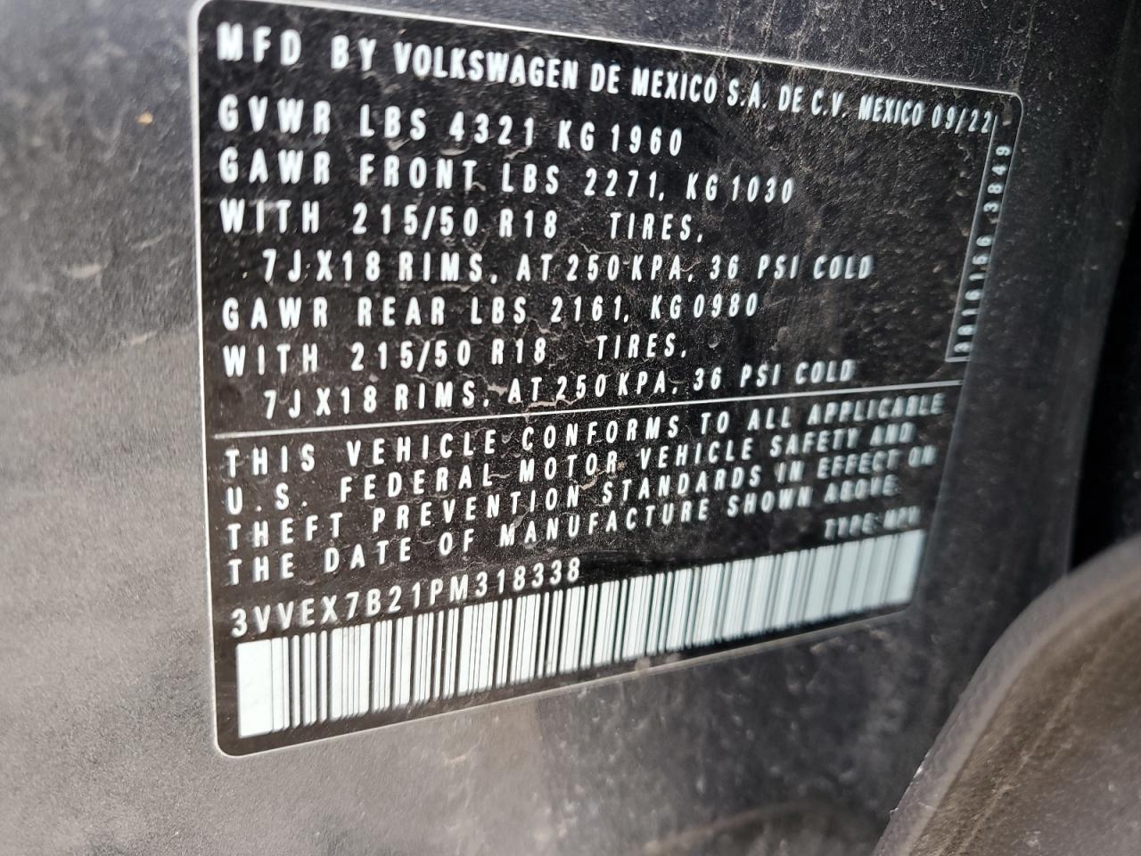 2023 VOLKSWAGEN TAOS SE VIN:3VVEX7B21PM318338