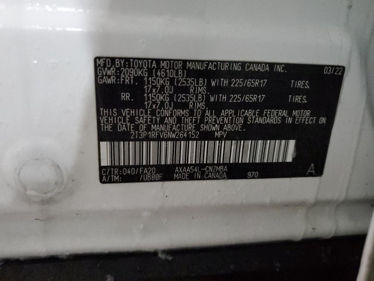 2022 TOYOTA RAV4 XLE VIN:2T3P1RFV6NW264152