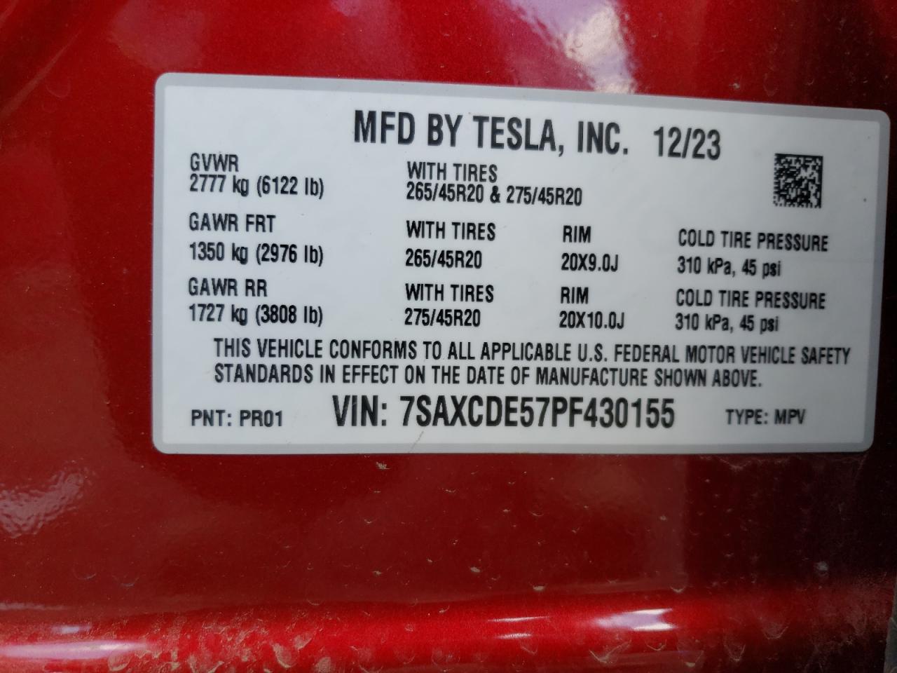2023 TESLA MODEL X VIN:7SAXCDE57PF430155
