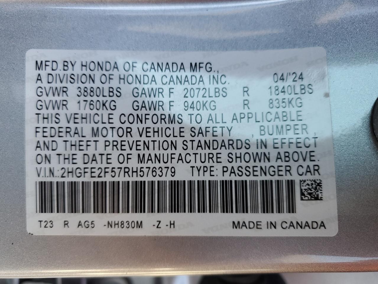 2024 HONDA CIVIC SPORT VIN:2HGFE2F57RH576379