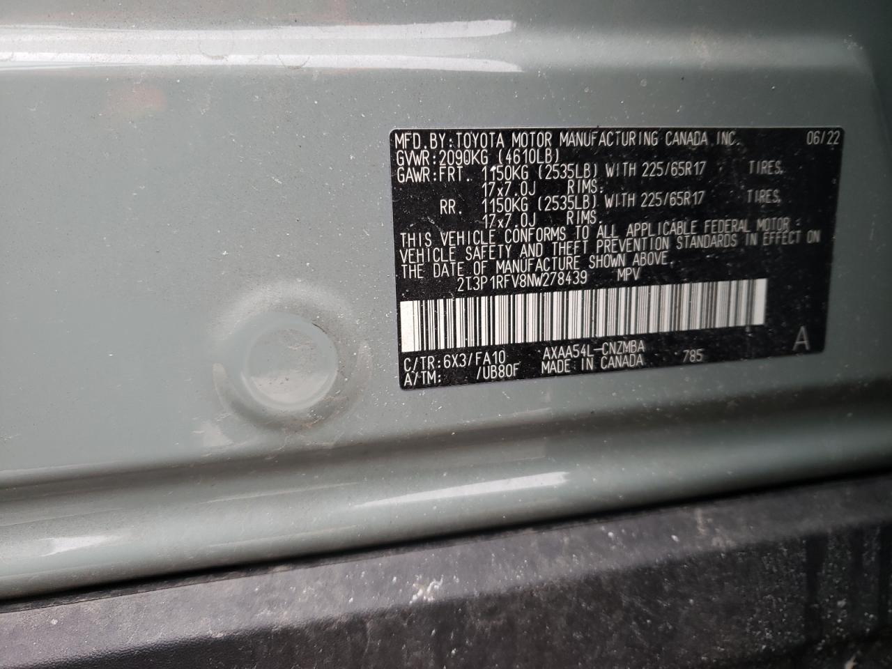 2022 TOYOTA RAV4 XLE VIN:2T3P1RFV8NW278439