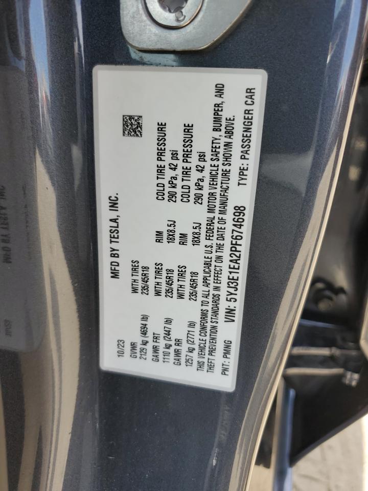 2023 TESLA MODEL 3 VIN:5YJ3E1EA2PF674698