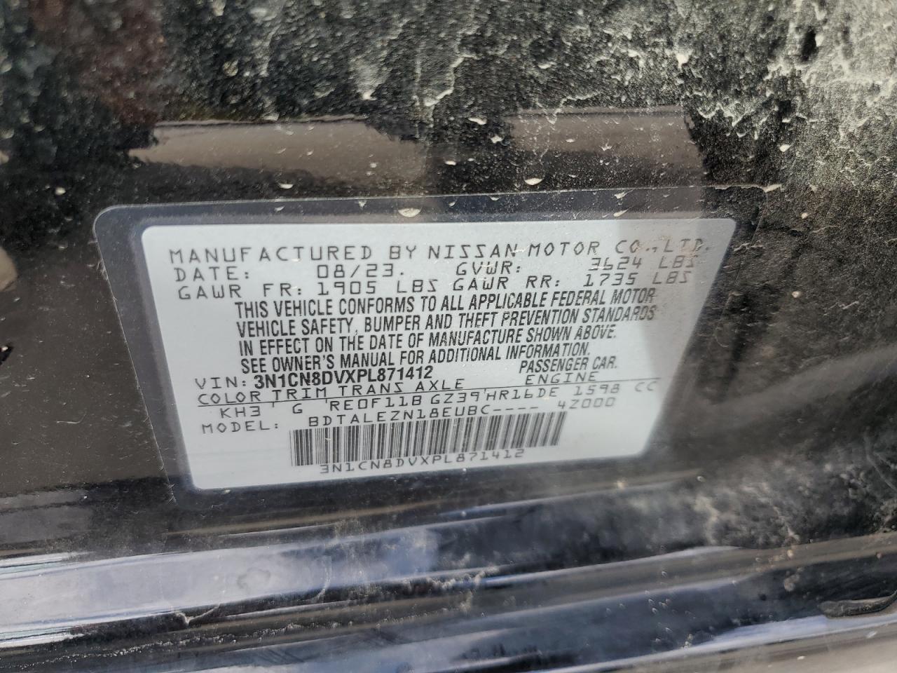 2023 NISSAN VERSA S VIN:3N1CN8DVXPL871412