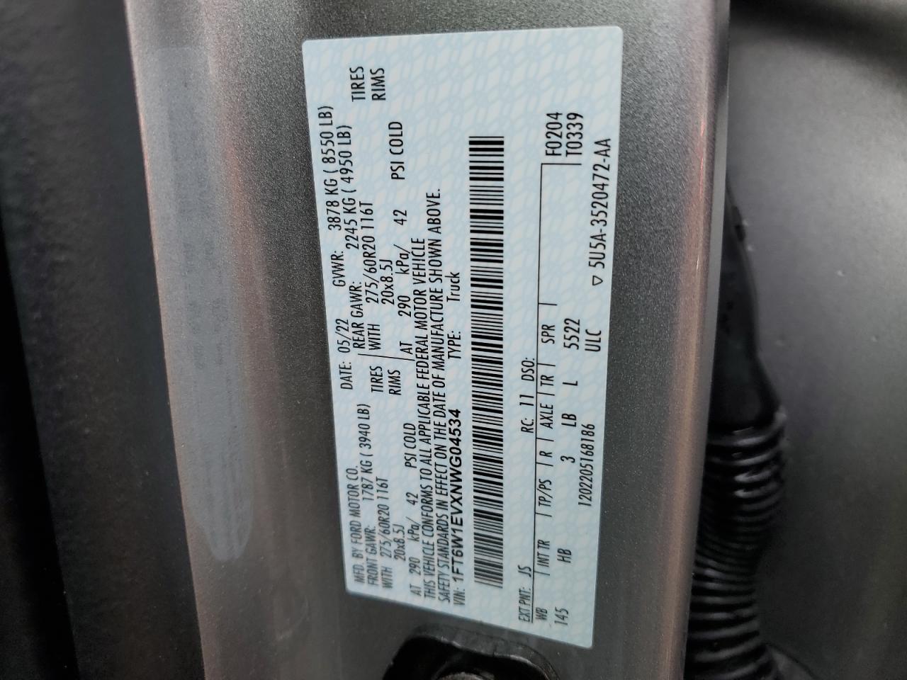 2022 FORD F150 LIGHTNING PRO VIN:1FT6W1EVXNWG04534
