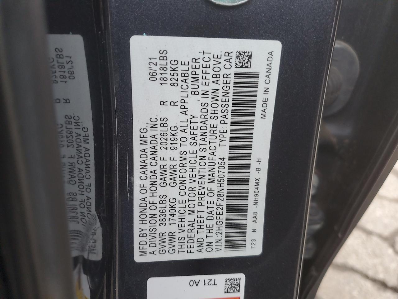2022 HONDA CIVIC LX VIN:2HGFE2F28NH507054