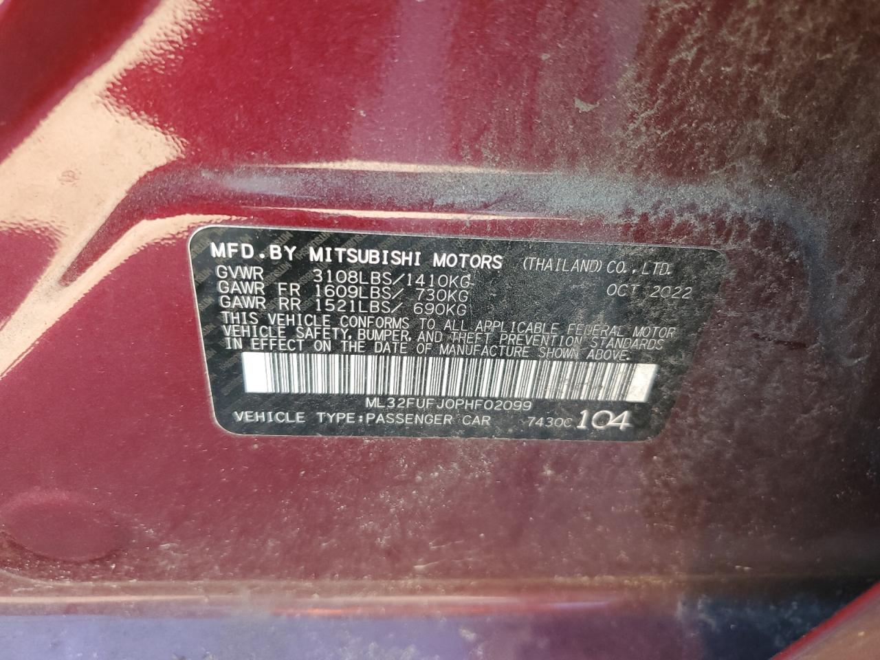 2023 MITSUBISHI MIRAGE G4 ES VIN:ML32FUFJ0PHF02099