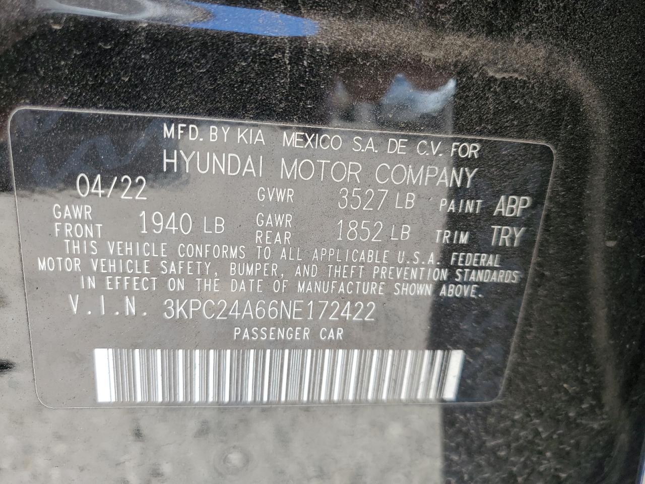 2022 HYUNDAI ACCENT SE VIN:3KPC24A66NE172422