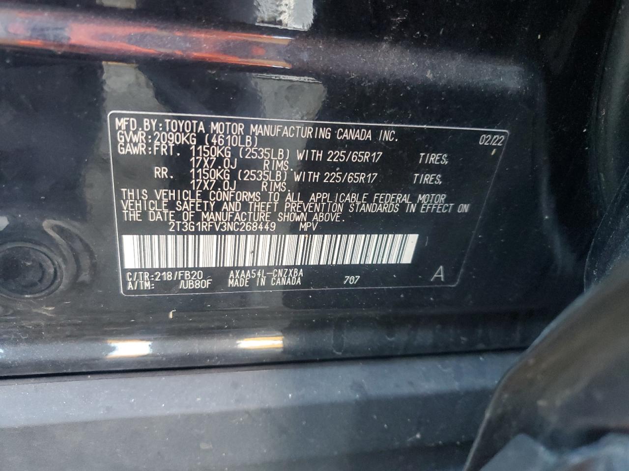 2022 TOYOTA RAV4 LE VIN:2T3G1RFV3NC268449