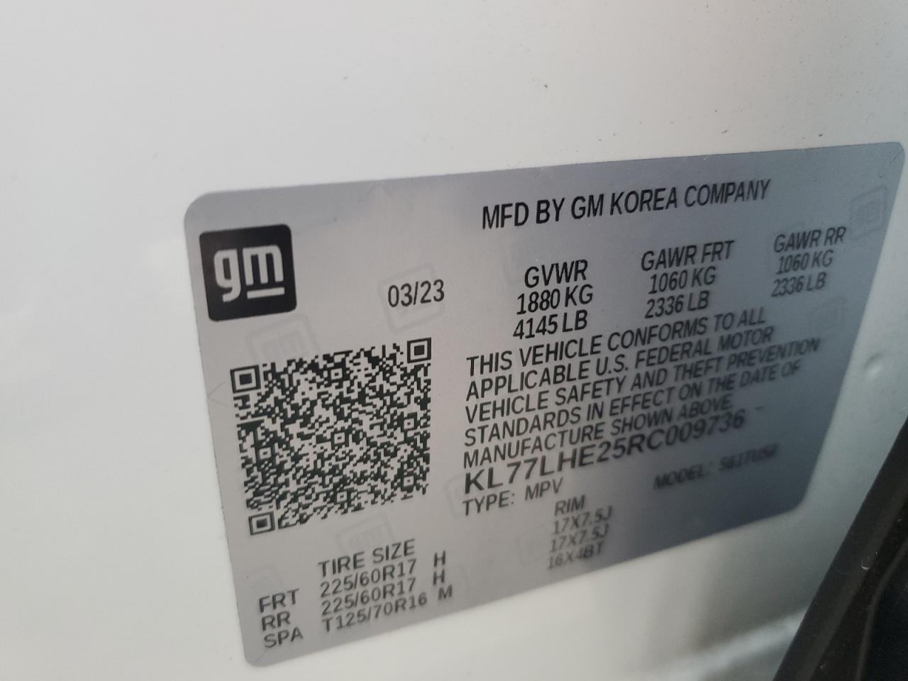 2024 CHEVROLET TRAX 1LT VIN:KL77LHE25RC009736