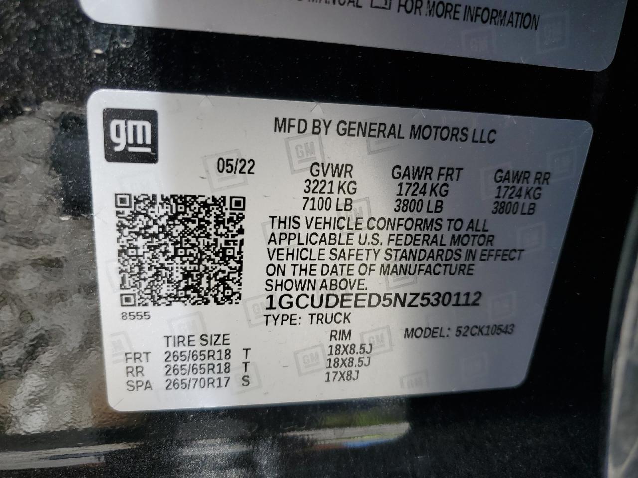 2022 CHEVROLET SILVERADO K1500 RST VIN:1GCUDEED5NZ530112